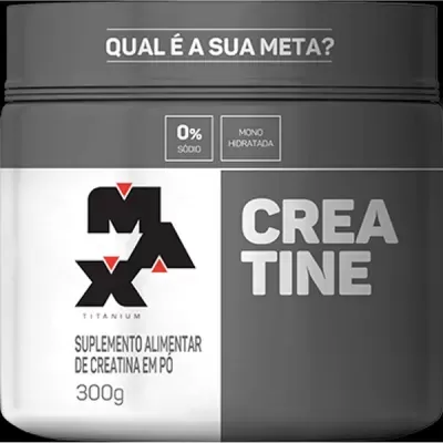 Frasco de suplemento alimentar de creatina em pó Max Titanium preto e branco