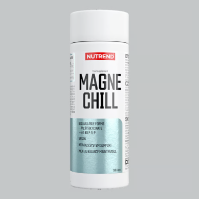 frasco do suplemento MAGNE CHILL da NUTREND com rótulo branco e prata