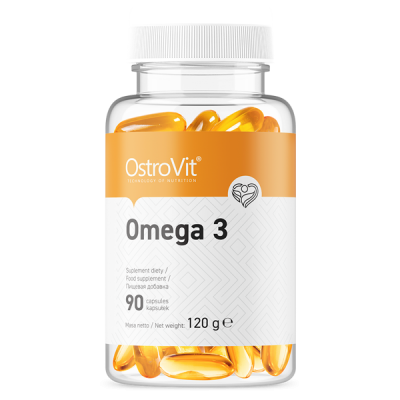 frasco com cápsulas douradas de Omega 3 da marca OstroVit