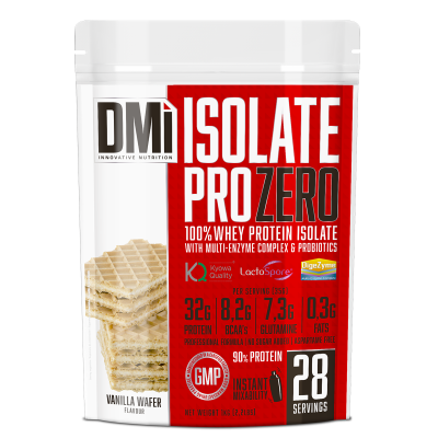 Suplemento alimentar DMi ISOLATE PRO ZERO sabor baunilha wafer em saco branco e vermelho