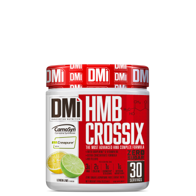 Pote de suplemento DMi HMB Crossix com tampa vermelha e rótulo vermelho com imagens de limão e lima