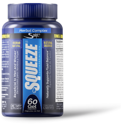 Frasco azul de suplemento dietético Squeeze Herbal Complex com rótulo azul e branco.