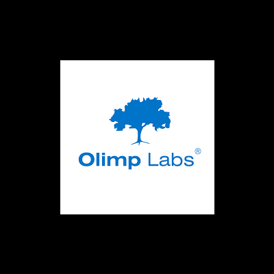 Logótipo azul da Olimp Labs com árvore e texto em fundo branco