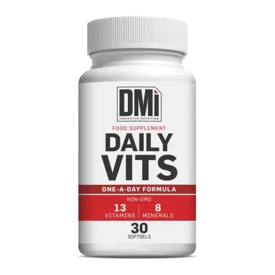 frasco branco de suplemento alimentar Daily Vits com rótulo em branco e vermelho