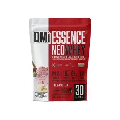 Saco de suplemento vermelho e branco Essence Neo Whey sabor morango e chocolate branco