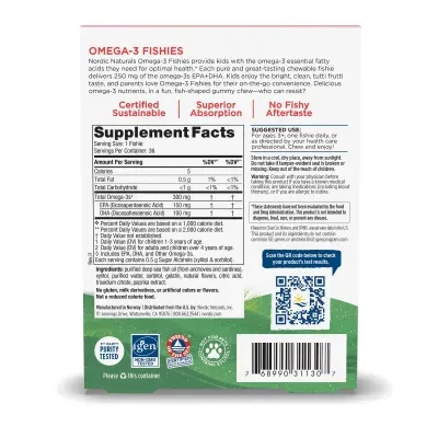 Embalagem de suplemento Omega-3 Fishies com texto nutricional e código QR