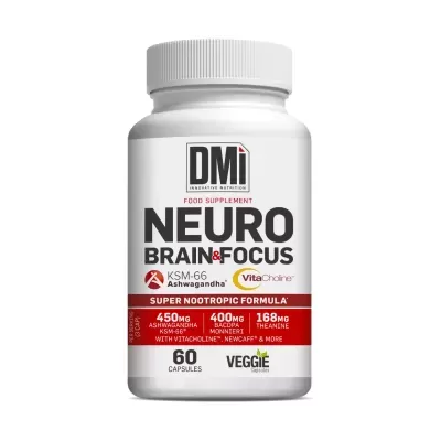 Frasco branco de suplemento alimentar Neuro Brain & Focus DMi com rótulo branco e vermelho