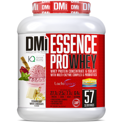 Embalagem de suplemento proteico DMi Essence Pro Whey sabor morango chocolate branco