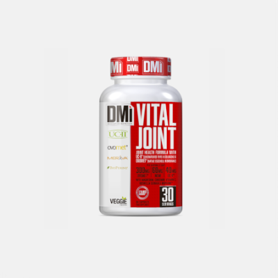 Frasco de suplemento DMI Vital Joint com rótulo vermelho e branco