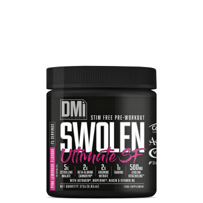 Embalagem preta de suplemento alimentar DMI SWOLEN Ultimate SF com texto informativo em rosa e branco.