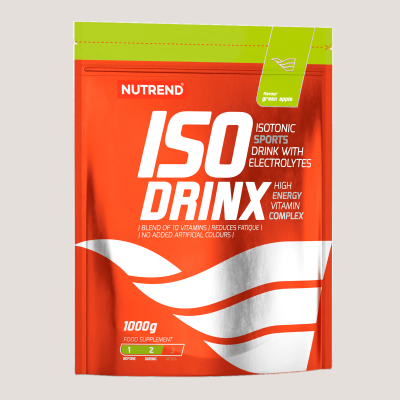 Embalagem de suplemento alimentar em pó ISO DRINX da Nutrend, cor vermelha e verde.