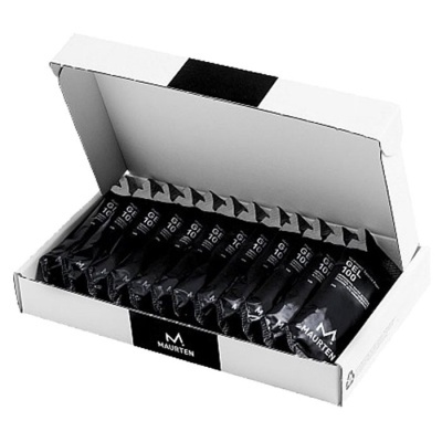 Caixa aberta com 12 barras de proteína MAUSTERI pretas alinhadas