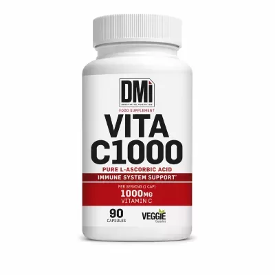 Frasco branco de suplemento alimentar VITA C1000 com rótulo vermelho e preto