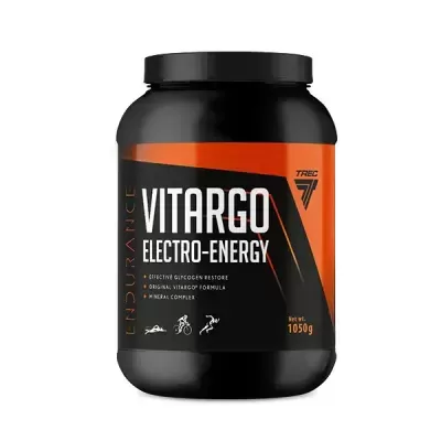 Frasco preto de suplemento Vitargo Electro-Energy com etiqueta preta e laranja