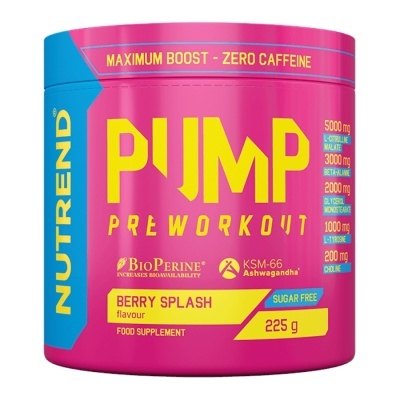 Frasco rosa e azul de suplemento em pó PUMP PREWORKOUT sabor Berry Splash