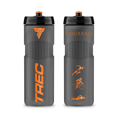 Garrafa desportiva cinzenta com texto e ícones laranja