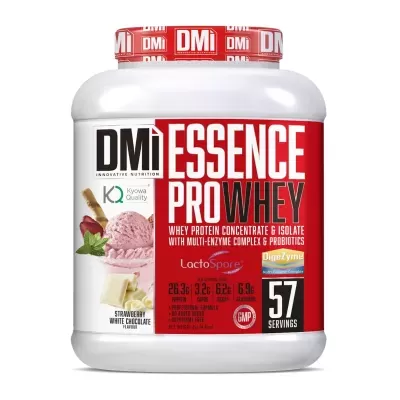 Embalagem embalagem suplemento alimentar DMi ESSENCE PRO WHEY sabor morango chocolate branco 2 kg