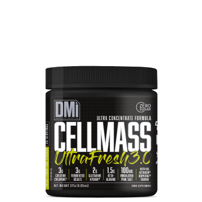 Pote de suplemento alimentar CELL MASS 3 preto com texto branco e amarelo