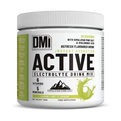 Frasco branco de suplemento DMi ACTIVE sabor lemon lime com detalhes de sal rosa do Himalaia e líquido verde