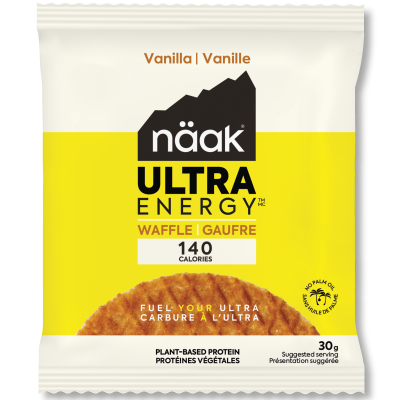 Pacote amarelo e branco do snack näak ULTRA ENERGY waffle baunilha