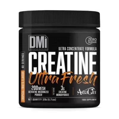 Frasco preto de suplemento alimentar DMi Creatine Ultra Fresh com rótulo e tampa preta