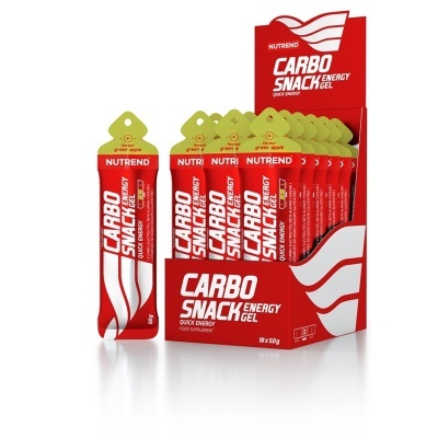 Gel energético Carbo Snack Energy Gel em embalagem vermelha numa caixa de exposição vermelha