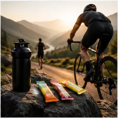 Frasco preto e barras energéticas coloridas numa rocha em paisagem montanhosa com ciclista e corredor