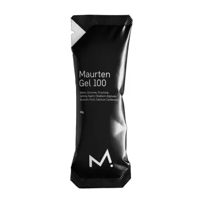 Pacote preto de gel Maurten Gel 100 com texto branco