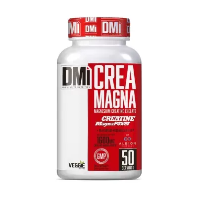 Frasco de suplemento alimentar Crea Magna com rótulo vermelho e branco da marca DMI.