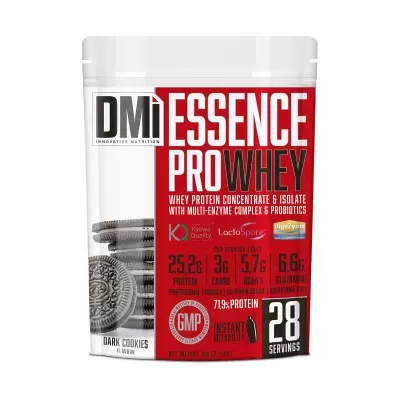 Embalagem de suplemento DMi Essence Pro Whey sabor Dark Cookies