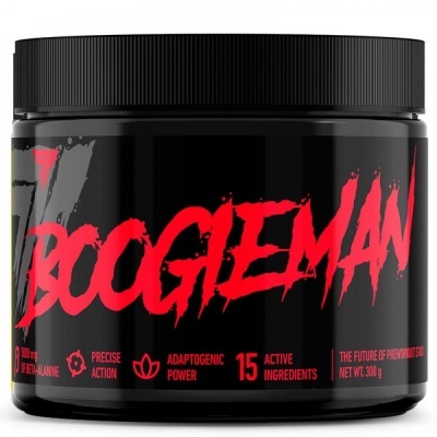 Frasco preto de suplemento alimentar com texto vermelho BOOGIEMAN