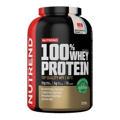 Embalagem de suplemento Nutrend 100% Whey Protein com 2250g e rótulo preto, vermelho e bege.