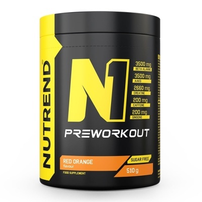 Suplemento pré-treino Nutrend N1 sabor Red Orange, embalagem preta e amarela, 510 g