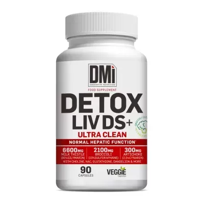 Frasco branco de suplemento alimentar DETOX LIV DS+ Ultra Clean da DMi com texto preto, vermelho e verde.