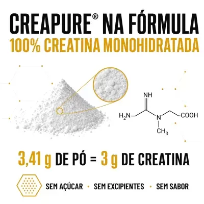 Pó branco de creatina com fórmula química e texto promocional em preto e laranja