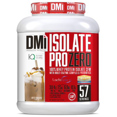 Suplemento em pote branco para proteína isolada sabor Latte Caramel com informações nutricionais e rótulo vermelho