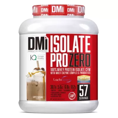 Embalagem branca e vermelha de suplemento proteico DMi Isolate Pro Zero sabor latte caramel