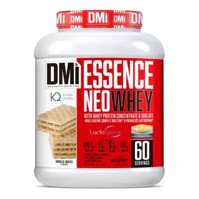 Frasco branco de suplemento DMi ESSENCE NEO WHEY com tampa vermelha e rótulo vermelho e branco