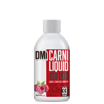 Frasco de suplemento líquido com rótulo vermelho e branco e imagem de framboesas