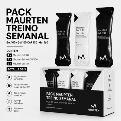Pack Maurten Treino Semanal com géis de hidratos em embalagem preta e branca numa caixa preta e branca