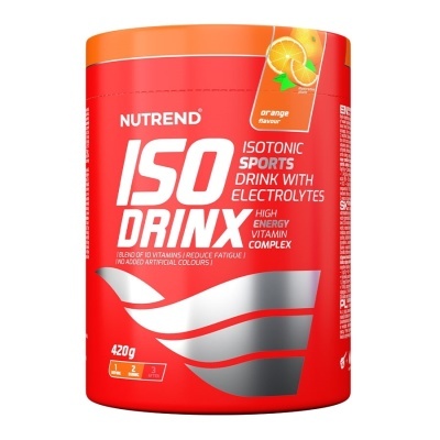 Pote vermelho de bebida isotónica Nutrend ISO DRINX sabor laranja 420g