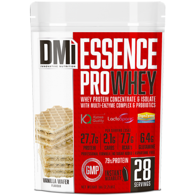 Embalagem de suplemento DM Essence Pro Whey de sabor Vanilla Wafer com informações nutricionais e 28 doses.