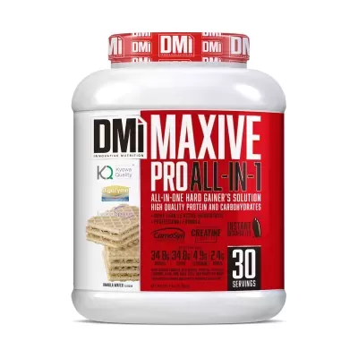 Pote de suplemento alimentar DMi MAXIVE PRO ALL-IN-1 com etiqueta vermelha e branca, informações nutricionais e sabor Vanilla Wafer.