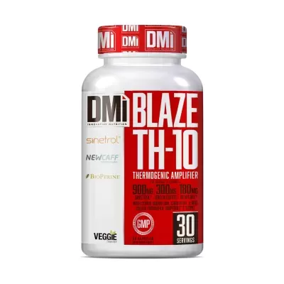 Frasco branco de suplemento DMi Blaze TH-10 com rótulo vermelho e branco