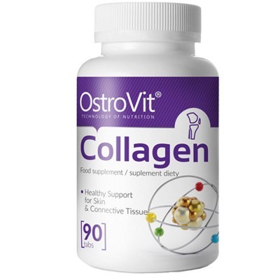 Frasco branco suplemento OstroVit Collagen com rótulo roxo e branco e 90 comprimidos