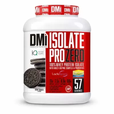 Suplemento proteico DMi Isolate Pro Zero sabor Dark Cookies em recipiente branco com tampa vermelha