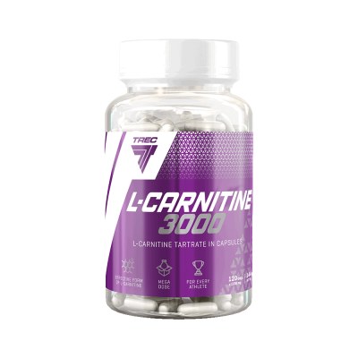 Frasco de cápsulas L-CARNITINE 3000 com rótulo roxo e branco