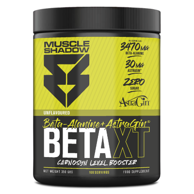 Frasco preto e amarelo do suplemento alimentar Muscle Shadow Beta XT