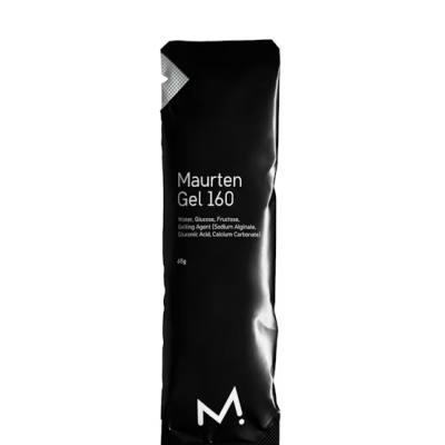 Pacote preto de gel energético Maurten Gel 160 com texto branco