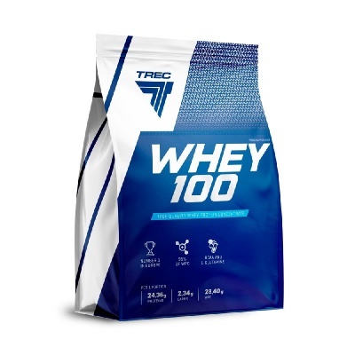 Saco de suplemento proteico azul e branco com texto WHEY 100